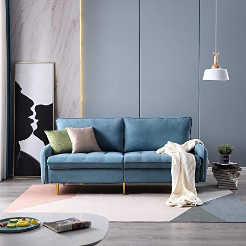Mi Shangou 68.5 inch Linen Fabric Sofa Couch, Mid-Century 3-Seat Tufted Love Seat for Living Room, Bedroom, Office, Apartment, Dorm, Studio and Small Space, 3 Pillows Included(Light Blue)