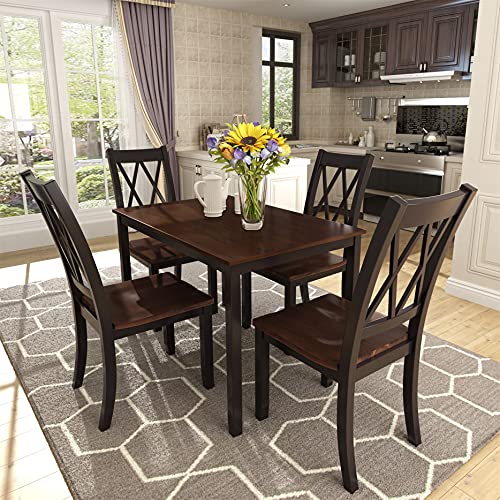 Dining Table Set, 5 Piece Kitchen Dining Table Set, Wooden Dining Table and Chair Set, Kitchen Dining Room Furniture (Black+Cherry)