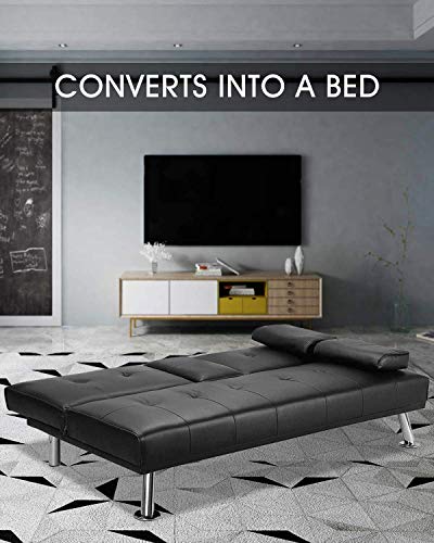 Suwikeke Faux Leather Convertible Futon Removable Armrests/Metal Legs, 2 Cupholders Sofa Bed, Black