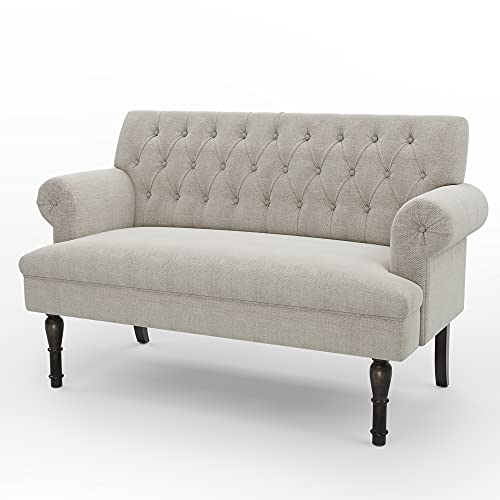 Merax 58” Light Beige Linen Button Tufted Scrolled Arm Loveseat Sofa Couches, Chesterfield Settee Bench with High Wooden Legs (Pillows not Included)