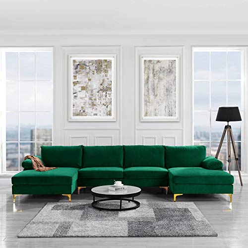 Casa Andrea Milano llc Modern Large Velvet Fabric Sectional Sofa Couch with Extra Wide Chaise Lounge with Golden Legs, U Shaped, Green