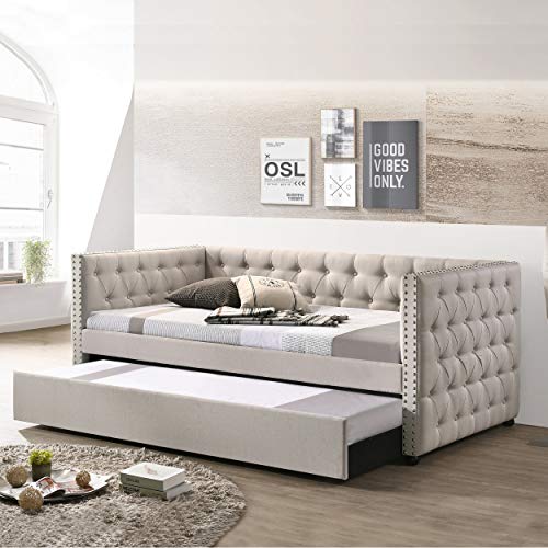 Daybed with A Trundle, HABITRIO Solid Wood Structure Beige Fabric Upholstered Twin Size Day Bed Frame w/Twin Roll-Out Trundle, No Box Spring Needed, Furniture for Bedroom, Living Room, Guest Room