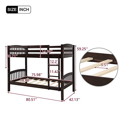 Twin Over Twin Bunk Bed Solid Wood Bunk Bed Frame with Guardrail & Ladder for Kids/Teens/Adults (Dark Espresso)