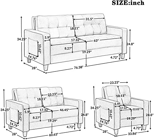 RINIMEI 2 Piece Living Room Furniture Set Include Upholstered Three Seater Sofá & Loveseat, Sectional Sofa Stylish Velvet Tufted Cushion Couch Easy Assemble W/Side Pockets,Black