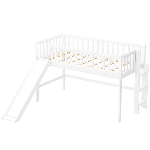 Loft Bed Twin with Ladder , Twin loft Bed with Slide ,Wood Low Profile Kids loft Bed , No Box Spring Needed,White
