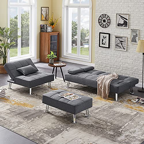 UNIROI Faux Leather Futon 3pcs Sofa Bed Living Room Furniture Set, 2 Seating Fabric Convertible Folding Couch with Cup Holders Removable Armrest,Single Chair with Ottoman, Grey