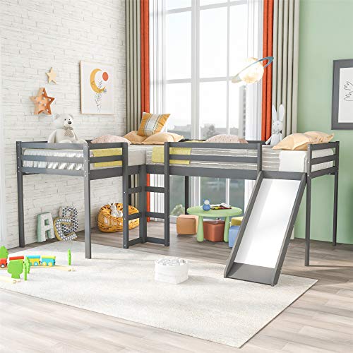 Harper & Bright Designs Twin Loft Bed for Kids, Wood Loft Bed L-Shaped Corner Bed Frame,Loft Bed with Slide and Ladders, Grey
