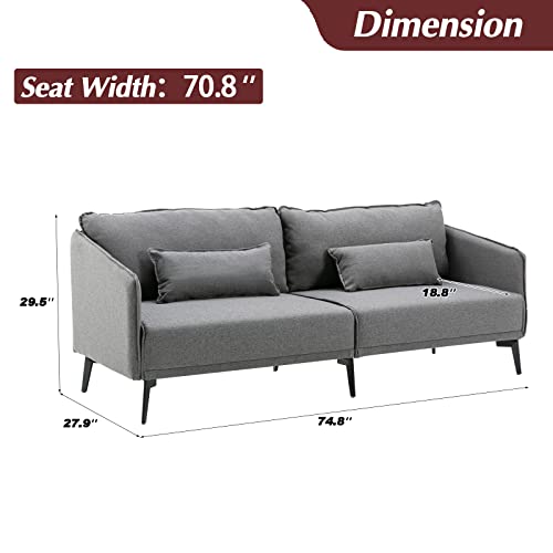 Modern Grey 3 Seater Sofa Couch, 74 inch Fabric Upholstered Sofa with Two Cushions, Single Sofa for Living Room Bedroom Office, Metal Leg