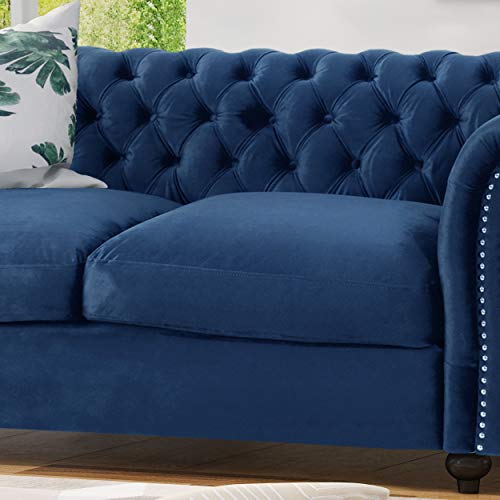Christopher Knight Home Karen Traditional Chesterfield Loveseat Sofa, Navy Blue and Dark Brown, 61.75 x 33.75 x 27.75, 306027