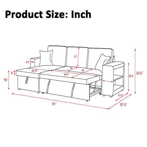 Sectional Sofa with Pull Out Bed, HABITRIO Grey Fabric Upholstered Loveseat Couch w/Storage Chaise Lounge, Space-Saving Armrest with 2 Shelves, 91