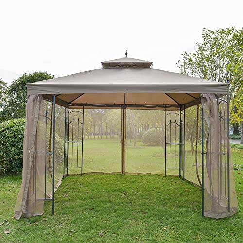 Brown Gazebo 10' x 10' Steel Outdoor Garden Gazebo with Mesh Curtains Outdoor Furniture Patio Furniture Gazebos for patios Pop up Canopy Tent Tents for Parties Canopy Tent Outdoor Patio Party Tent