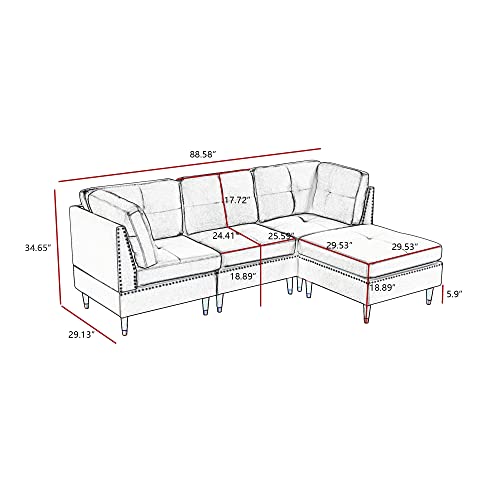 Tmosi Sectional Sofa Couch with Ottoman, L Shaped Couch with Nail Head for Apartment and Living Room, Modular Convertible Sectional Sleeper Sofa for Small Space (Grey)