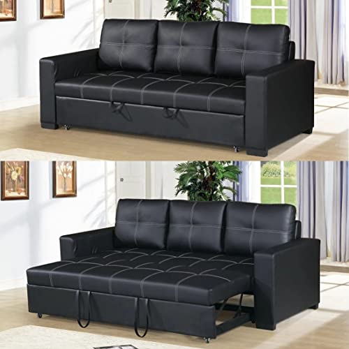 Sleeper Sofa, HABITRIO Solid Wood Frame Uphostered 3-Seater Couch with Pull-Out Sleeper, Convertible Furniture for Living Room, Bedroom, Office (Black Faux Leather)
