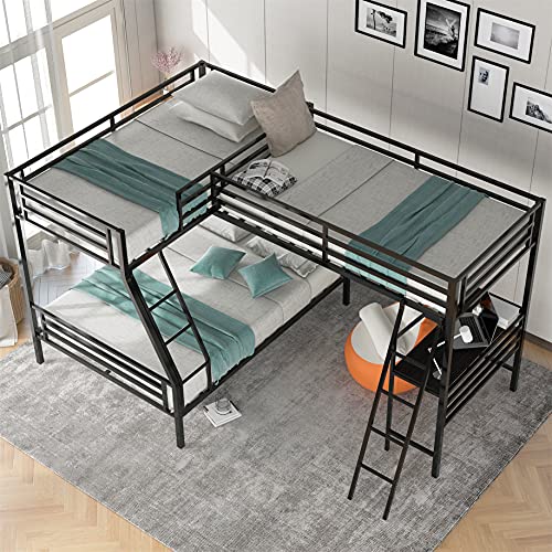 Triple Bunk Beds Twin Over Full Bunk Bed with a Twin Size Loft Bed Attached with a Desk 3 Beds Bunk Bed L-Shape Triple Loft Bed Metal Frame for Kids Teens Adults Boys & Girls (Black)