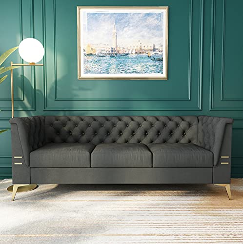 Chesterfield Velvet Sofa Couch Button-Tufted Accenting with Flared Arm&Metal Legs Removable Cushion Seat, Retro Modern Contemporary Chesterfield 3 Seat Sofa for Livingroom Furniture, Dark Grey