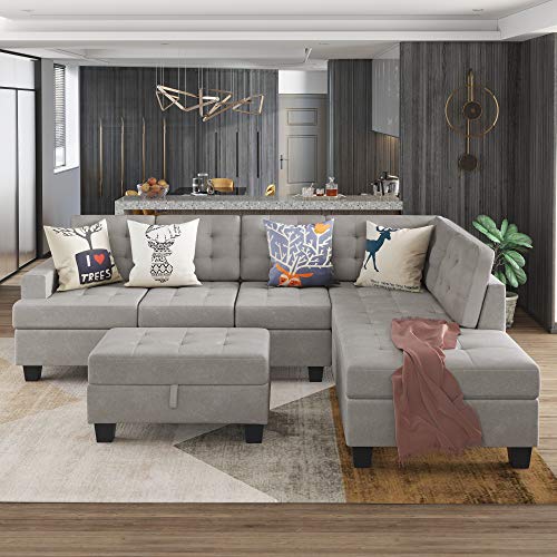 Merax Sectional Sofas 3-Piece Living Room Sofa Sets L Shape Couch with Chaise Lounge and Ottoman for Living Room,Light Gray