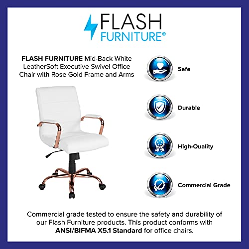 Flash Furniture Mid-Back White LeatherSoft Executive Swivel Office Chair with Rose Gold Frame and Arms