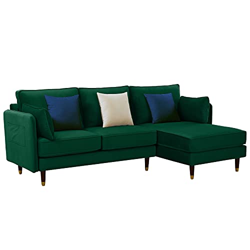Reversible Sectional Sofa Couch Velvet - L Couch Modern Sofa Furniture Set Mid Century Contemporary Couches 3 Seater Sofa with Reversible Chaise (Green)