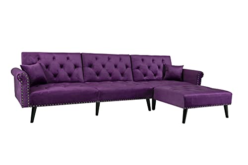 Mid Century Modern Upholstered L-Shaped Sectional Sofa Bed Futon Couch Sleeper with Convertable Chaise Lounge