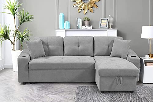 UNIROI Light Gray Sectional Sofa Convertible Sleeper Bed with Storage Chaise Lounge,Side Pockets,Cup Holders,2 Pillows, Modern Linen L-Shape Couch for Living Room Apartment Furniture