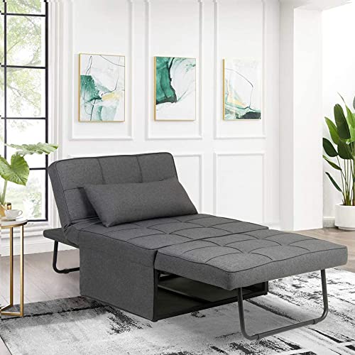 Ottoman Convertible Sofa Bed 4 in 1 Design Multi-Function 5-Level Adjustable Ottoman Recliner Guest Sofa Chair Bed Bench with Pillow for Bedroom Small Room and Apartment (Dark Grey)