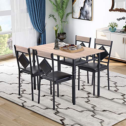 Harper & Bright Designs 5-Piece Modern Wood Dining Table Set, Wooden Kitchen Table with Metal Frame and 4 Leather Dining Chairs, Nature