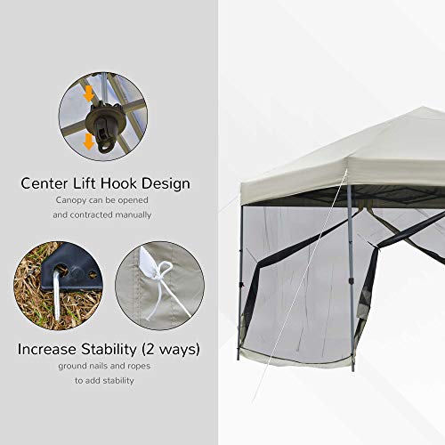 Outsunny 10' x 10' Pop Up Canopy Party Tent with Center Lift Hook Design, 3-Level Adjustable Height, Easy Move Roller Bag, Beige
