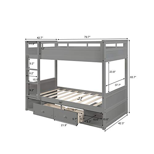 Harper & Bright Designs Twin-Over-Twin Bunk Bed, Solid Wood Twin Bunk Bed Frames with Two Drawers and Two Storage, Guardrail for Kids, Teens, Adults(Grey)