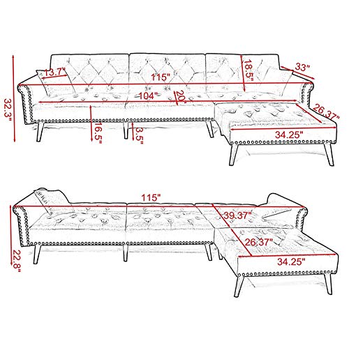 Danxee Sofa Bed Set Sectional Sofa L Shape Sectional Couch Sleeper Couch Bed Modern Style Velvet Sleeper Futon Sofa with Extra Wide Chaise Lounge (Light Grey)