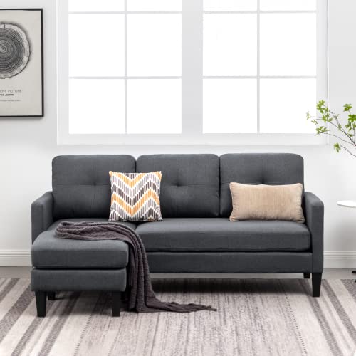 MELLCOM Small Sectional Couches, L-Shaped Sofa with Movable Ottoman, Reversible Chaise Longue, Small Couches for Living Room, Gray
