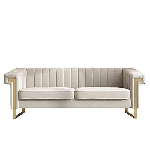 MGH Modern Velvet Sofa,Collection Contemporary Velvet Upholstered Sofa Couch with Stainless Steel Base,83.86“ Lx 30.70“ Wx 30.51“ H(Beige)