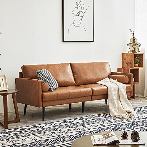 Vonanda Faux Leather Sofa Couch, Mid-Century 73 Inch 3 Seater Leather Couch with Hand-Stitched Comfort Cushion and Bolster Pillows for Living Room, Cognac Tan
