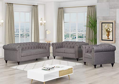 Kingway 3pcs Living Room Fabric Couch Sofas, 1 SEAT, Gray