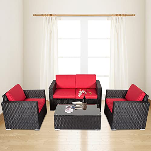Kinsuite Convertible Sectional Sofa Couch Rattan Wicker 4 PCs Furniture Set with Table Washable Cushions Conversation Set for Living Room Red