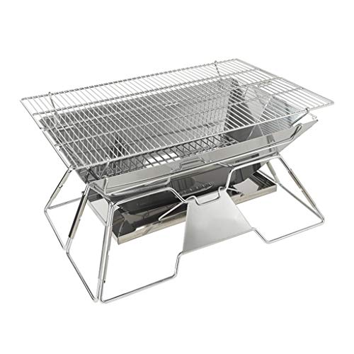 QIAOLI Folding Campfire Grill,East Portable Stainless Steel Charcoal BBQ Grill Wood Burning Stove for Outdoor Backpacking Hiking BBQ (Color : Silver, Size : Large)