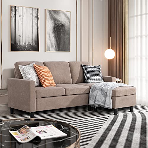 JY QAQA Convertible Sectional Sofa Couch with 3-Seat Sofa, L-Shaped Ottoman Couch with Modern Linen Fabric for Small Living Room, Apartment and Small Space(Dark Beige)