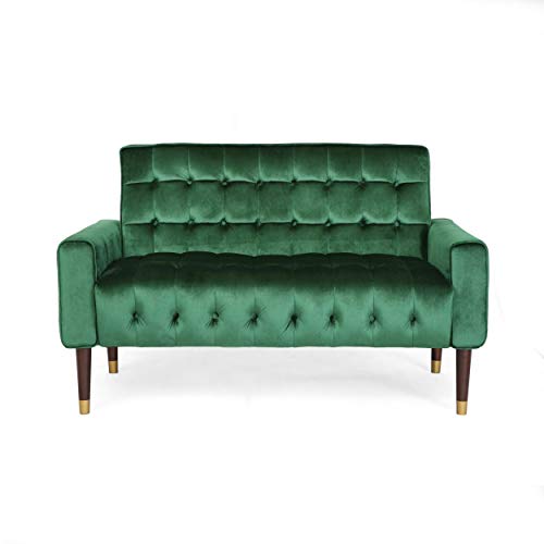 Aubrie Tufted Velvet Loveseat with Gold Tipped Tapered Legs, Emerald and Gold Finish