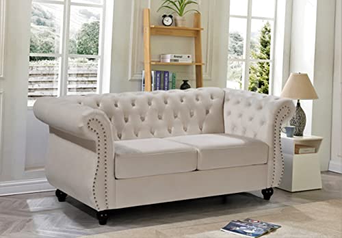 US Pride Furniture Soft Elegant Ivory 67.6’’ Wide Velvet Chesterfield Tight Back Rolled Arm Living Room Loveseat with Removable Cushion & Solid Wood Legs (S5677-5682) Sofas