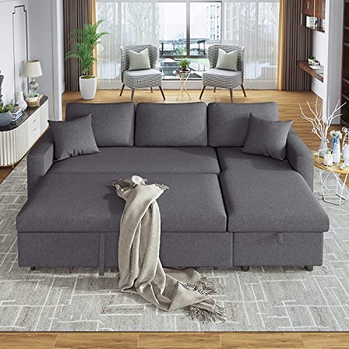RINIMEI Upholstery Sectional Sofa W/Reversible Storage Chaise Lounge & 2Pillows, L-Shaped Corner Sofá with Pull-Out Sleeper Couch Bed Sofabed for Apartment Living Room Furniture Sets, Grey