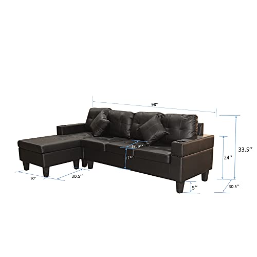 GAOFEIYANG 98” Sectional Sofa with Reversible Chaise Lounge, 4 Seating Leather L-Shape Couch Living Room Furniture Set with Cup Holders, Black
