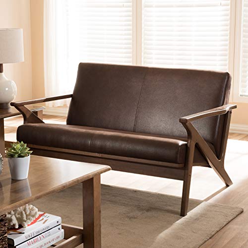 Baxton Studio Bianca Mid-Century Modern Walnut Wood Dark Brown Distressed Faux Leather 2-Seater Loveseat Mid-Century/Dark Brown/Walnut Brown/Faux Leather/Rubber Wood/