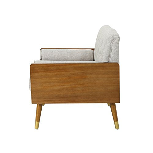 Christopher Knight Home Aidan Mid Century Modern Tufted Fabric Sofa, Beige & Greta Mid Century Modern Fabric Club Chair, Beige, Dark Walnut