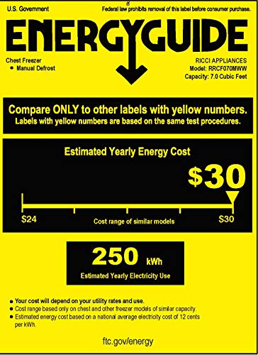 RICCI Single door Chest Freezer, 7 Cubic Feet, White, UL Energy verified, Adjustable Temperature Control, Power-On Indicator Light