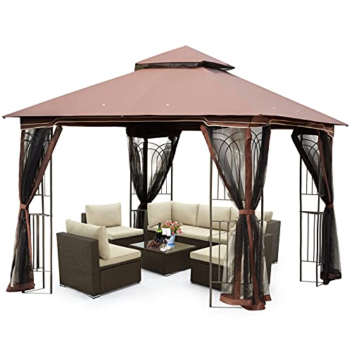 ECOTOUGE 10”x10”Gazebo with Mosquito Netting for Outdoor,Double Waterproof Soft-top, All-Weather Patios Pavilion for Sun and Rain Skylight, Backyard, Garden（Chocolate）