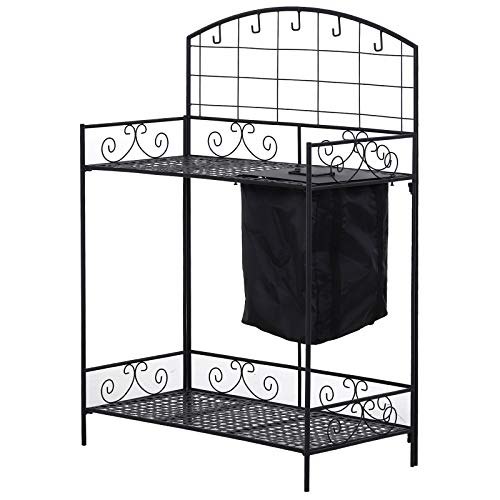 Outsunny Outdoor Folding Metal Potting Bench Work Table with Large Build-in Bag with Cover, 5 Hanging Hooks, & Shelf