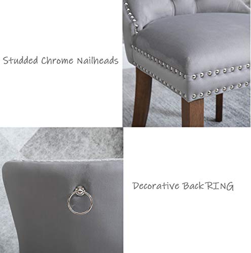 Rhomtree Set of 2 Velvet Fabric Dining Chairs Luxury Tufted Back with Nailed Trim and Back Ring Pull Home Kitchen Dining Room Chairs Armless Accent Side Chairs Solid Rubber Wood Legs, Set of 2 (Grey)