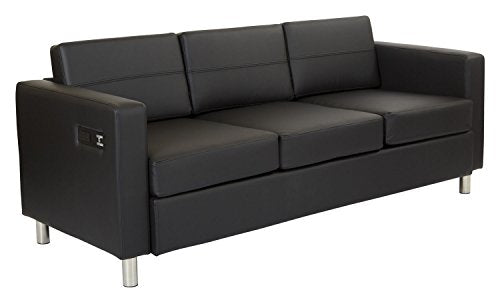 Office Star Atlantic Sofa with Silver Finish Legs and Dual Charging Station, Black Dillon Fabric