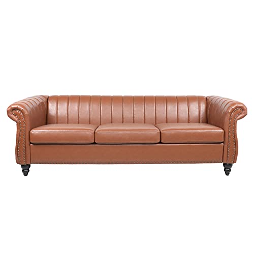 Chesterfield PU Leather Sofa Couch, Living Room Rolled Arm Three Seater Sofa