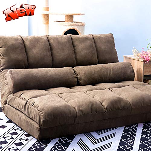 DANGRUUT Thicken Floor Double Chaise, Folding Lounge Sofa/Couch Bed, Floor Gaming Chairs, Adjustable Fabric Lazy Sofa Softly Cushioned with Two Pillows for Living Room and Bedroom (Brown)