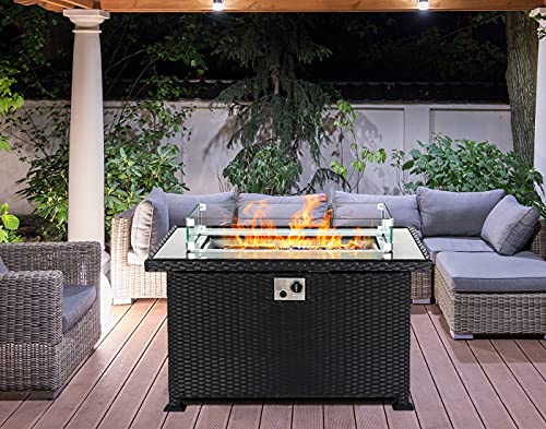 Propane Fire Pit Table Outside Gas Firepits with Wind Guard for Patio Deck, 50,000 BTU 43'' Wicker LP Fireplace Rectangular